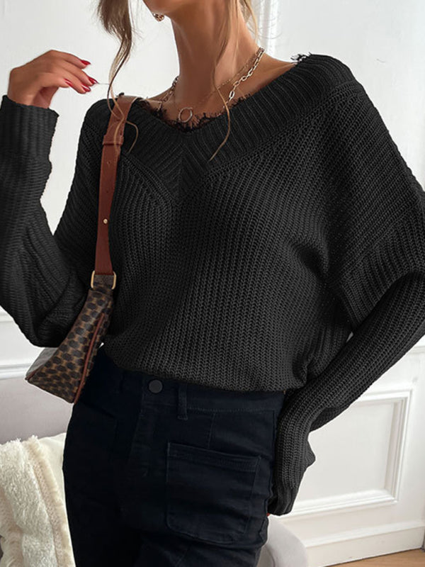 Sweaters- Waffle Knit Wide Double V-Neck Drop Shoulder Sweater- Black- Pekosa Women Clothing