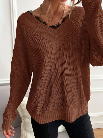 Sweaters- Waffle Knit Wide Double V-Neck Drop Shoulder Sweater- - Pekosa Women Clothing
