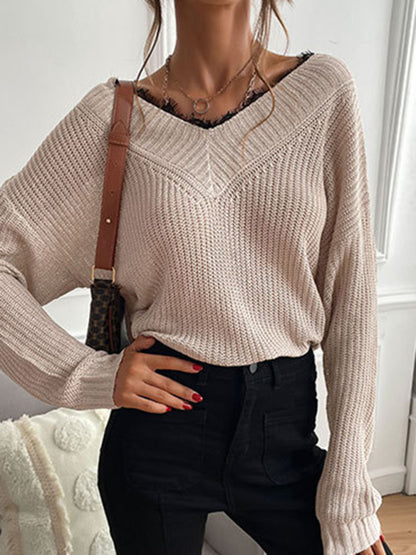 Sweaters- Waffle Knit Wide Double V-Neck Drop Shoulder Sweater- - Pekosa Women Clothing