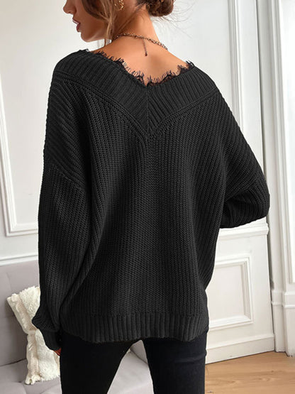 Sweaters- Waffle Knit Wide Double V-Neck Drop Shoulder Sweater- - Pekosa Women Clothing