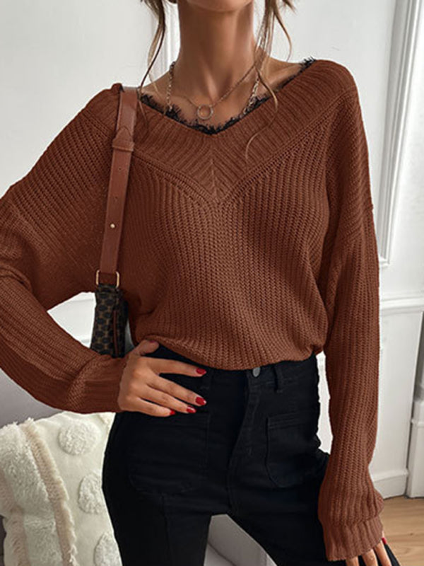 Sweaters- Waffle Knit Wide Double V-Neck Drop Shoulder Sweater- - Pekosa Women Clothing