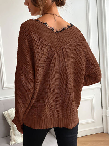 Sweaters- Waffle Knit Wide Double V-Neck Drop Shoulder Sweater- - Pekosa Women Clothing