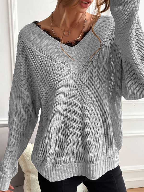 Sweaters- Waffle Knit Wide Double V-Neck Drop Shoulder Sweater- - Pekosa Women Clothing