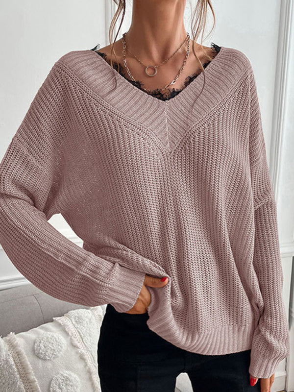 Sweaters- Waffle Knit Wide Double V-Neck Drop Shoulder Sweater- - Pekosa Women Clothing