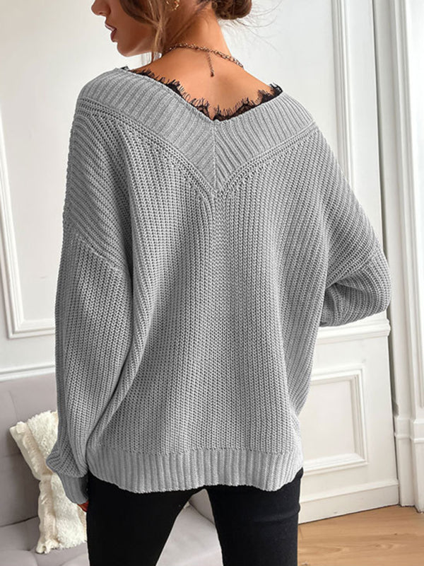 Sweaters- Waffle Knit Wide Double V-Neck Drop Shoulder Sweater- - Pekosa Women Clothing