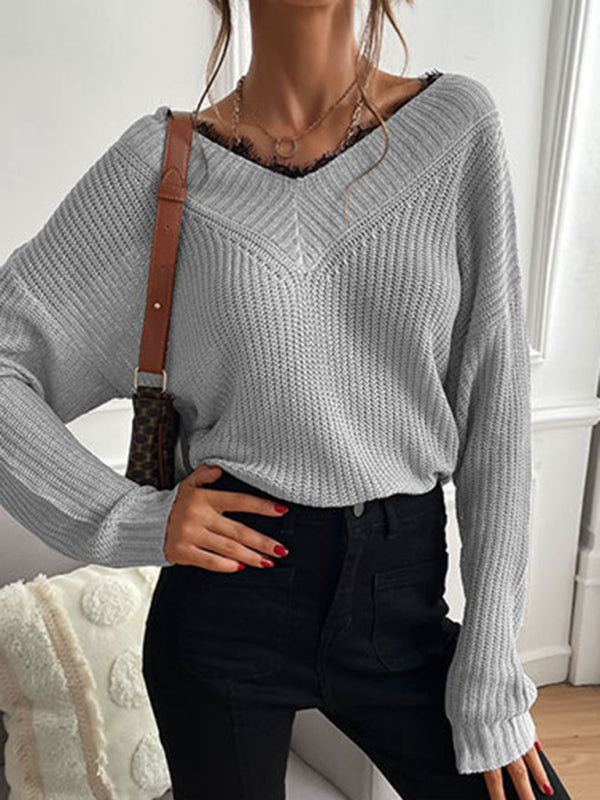 Sweaters- Waffle Knit Wide Double V-Neck Drop Shoulder Sweater- - Pekosa Women Clothing