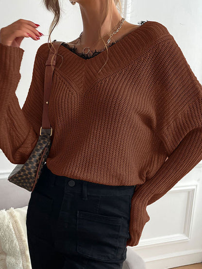 Sweaters- Waffle Knit Wide Double V-Neck Drop Shoulder Sweater- - Pekosa Women Clothing