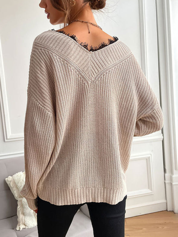 Sweaters- Waffle Knit Wide Double V-Neck Drop Shoulder Sweater- - Pekosa Women Clothing