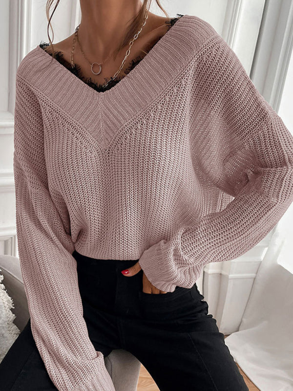 Sweaters- Waffle Knit Wide Double V-Neck Drop Shoulder Sweater- - Pekosa Women Clothing