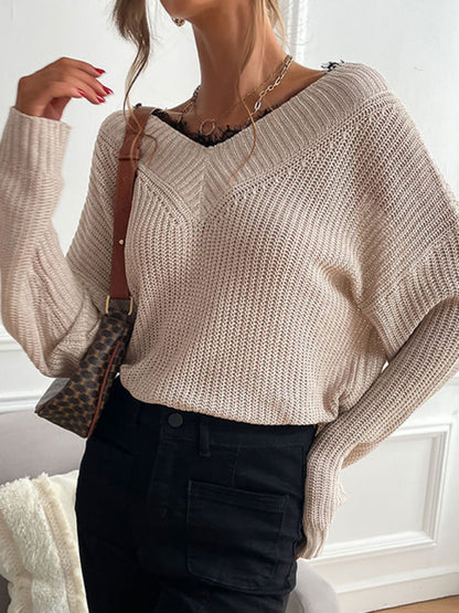 Sweaters- Waffle Knit Wide Double V-Neck Drop Shoulder Sweater- Cracker khaki- Pekosa Women Clothing