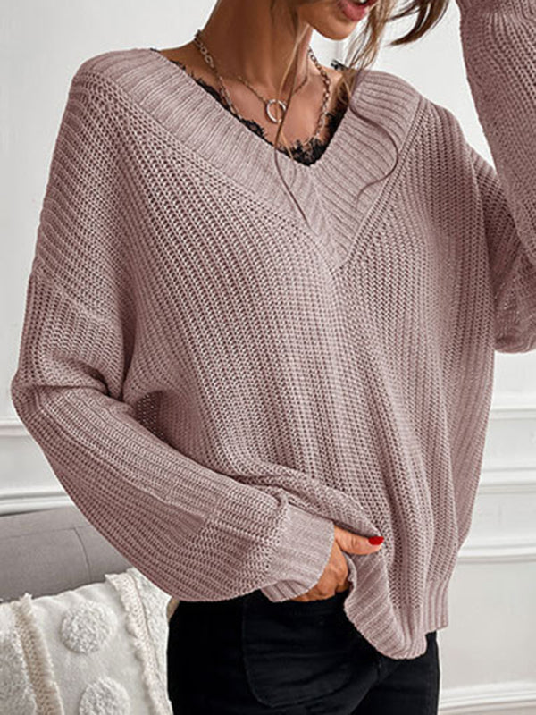 Sweaters- Waffle Knit Wide Double V-Neck Drop Shoulder Sweater- Pink- Pekosa Women Clothing