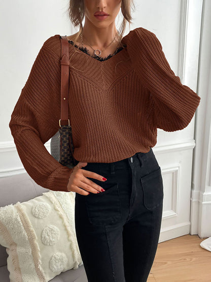 Sweaters- Waffle Knit Wide Double V-Neck Drop Shoulder Sweater- Coffee- Pekosa Women Clothing