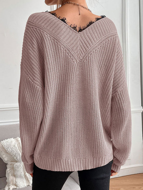 Sweaters- Waffle Knit Wide Double V-Neck Drop Shoulder Sweater- - Pekosa Women Clothing