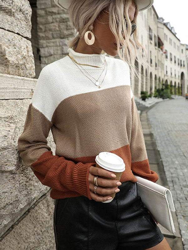 Sweaters- Waffle Knitted Colorblock High Neck Sweater- - Pekosa Women Clothing