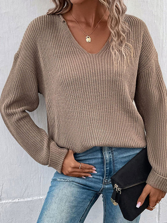 Sweaters- Waffle Knitted Drop Shoulder Sweater- Brown- Pekosa Women Clothing