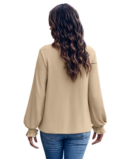 Sweaters- Waffle Knitted Long Sleeve Puff Cuffs Sweater Top- - Pekosa Women Clothing