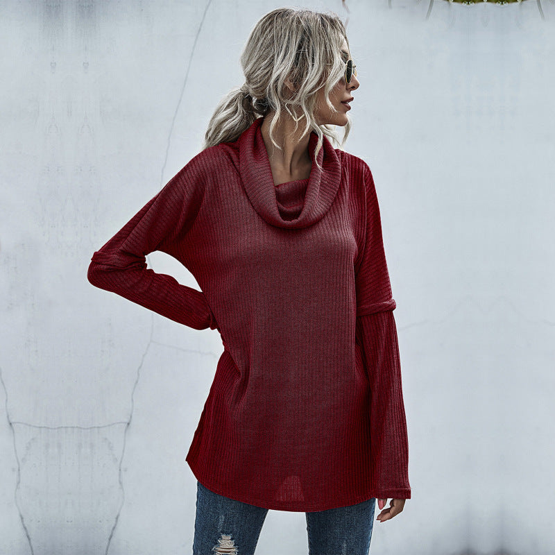 Sweaters- Waffle Knitted Patch Drop Shoulder Turtle Neck Sweater- Wine Red- Pekosa Women Clothing