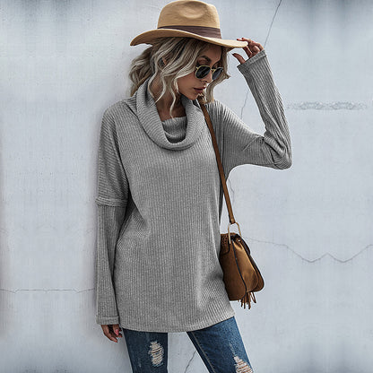 Sweaters- Waffle Knitted Patch Drop Shoulder Turtle Neck Sweater- Grey- Pekosa Women Clothing