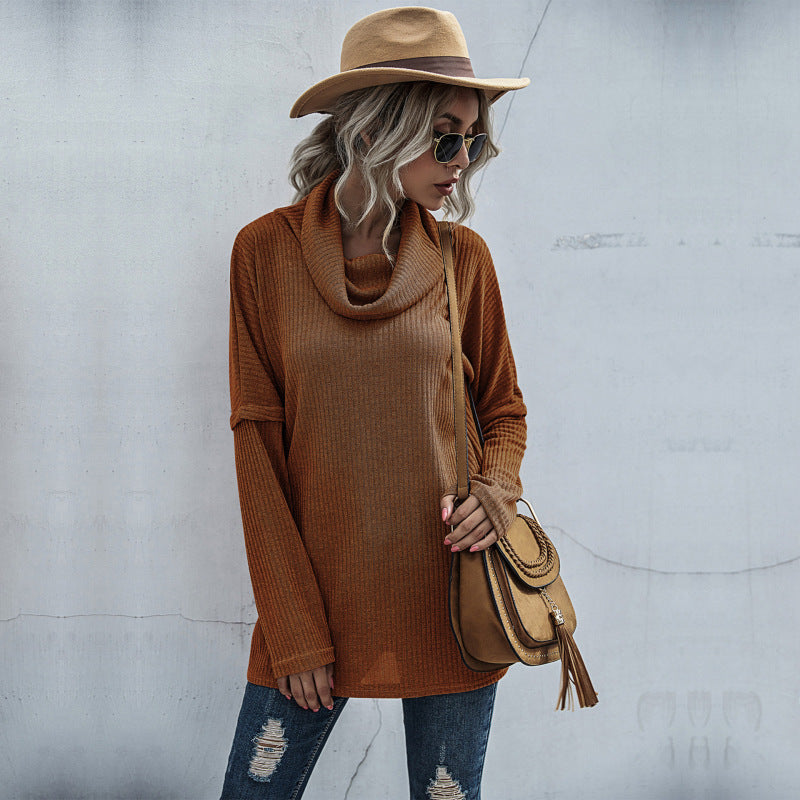 Sweaters- Waffle Knitted Patch Drop Shoulder Turtle Neck Sweater- Camel- Pekosa Women Clothing