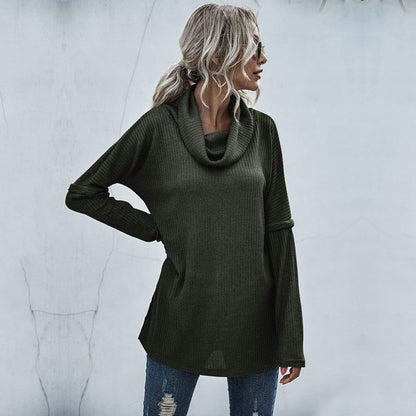 Sweaters- Waffle Knitted Patch Drop Shoulder Turtle Neck Sweater- Olive green- Pekosa Women Clothing