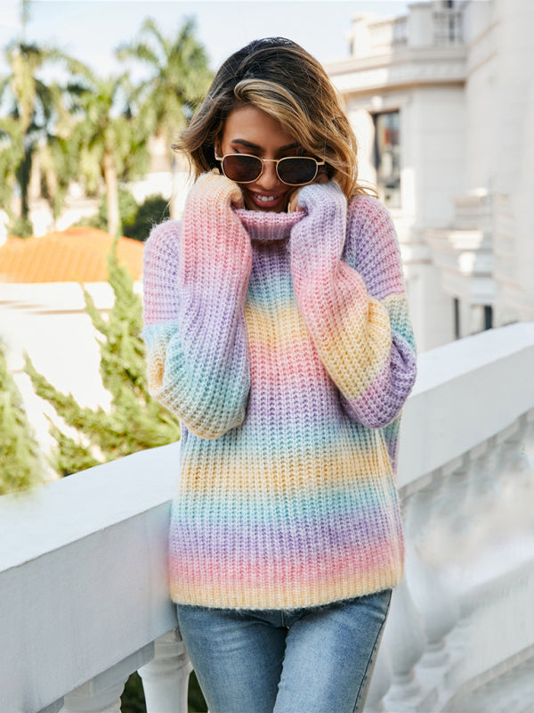 Sweaters- Waffle Knitted Rainbow Turtle Neck Sweater- - Pekosa Women Clothing