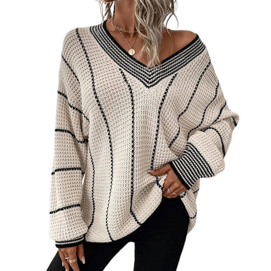 Sweaters- Waffle Textured Stripe Knitted V-Neck Sweater Jumper- Cream- Pekosa Women Clothing