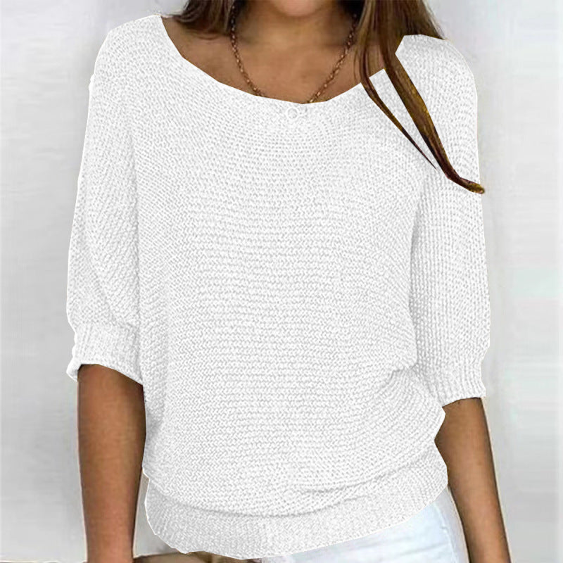 Sweaters- Warmth Knit Round Neck Jumper - Drop Shoulder Sweater- White- Pekosa Women Clothing