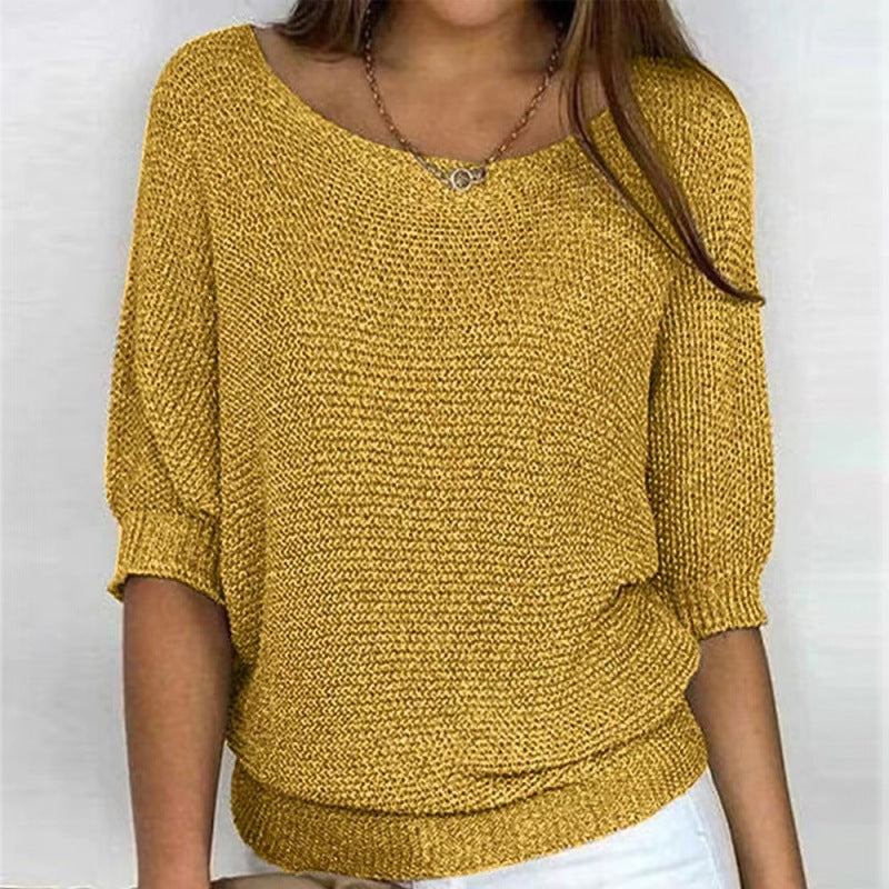 Sweaters- Warmth Knit Round Neck Jumper - Drop Shoulder Sweater- Yellow- Pekosa Women Clothing