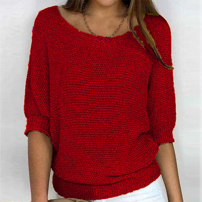 Sweaters- Warmth Knit Round Neck Jumper - Drop Shoulder Sweater- Red- Pekosa Women Clothing