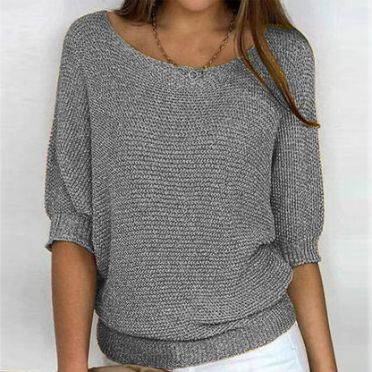 Sweaters- Warmth Knit Round Neck Jumper - Drop Shoulder Sweater- Grey- Pekosa Women Clothing