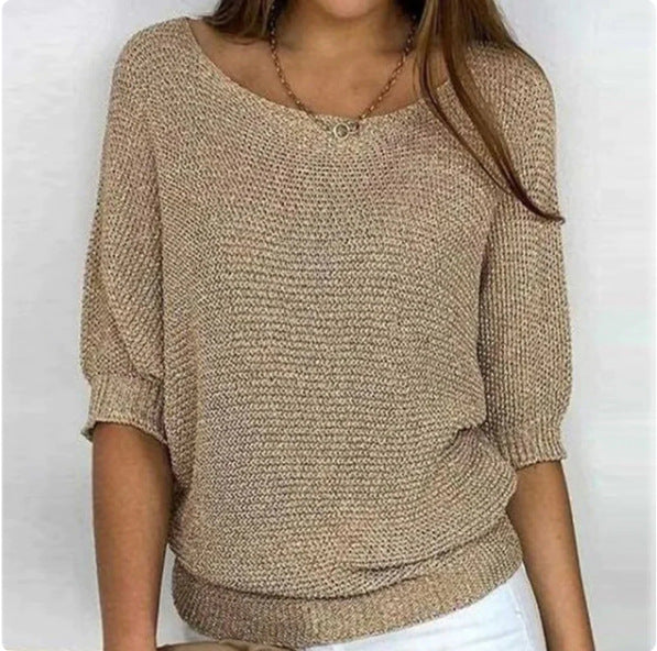 Sweaters- Warmth Knit Round Neck Jumper - Drop Shoulder Sweater- Khaki- Pekosa Women Clothing