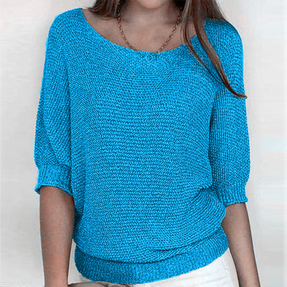 Sweaters- Warmth Knit Round Neck Jumper - Drop Shoulder Sweater- Blue- Pekosa Women Clothing