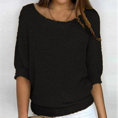 Sweaters- Warmth Knit Round Neck Jumper - Drop Shoulder Sweater- Black- Pekosa Women Clothing