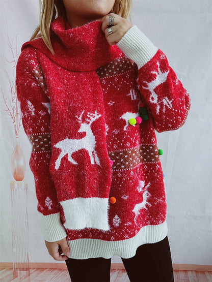 Sweaters- Warmth and Style in One: Christmas Fluffy Knit Sweater and Scarf Pair- - Pekosa Women Clothing