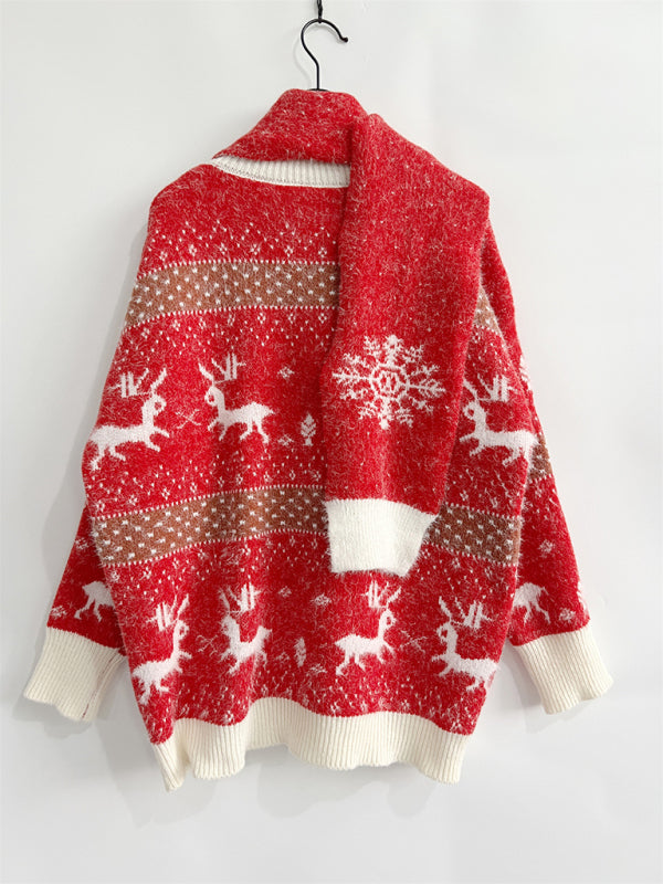 Sweaters- Warmth and Style in One: Christmas Fluffy Knit Sweater and Scarf Pair- - Pekosa Women Clothing