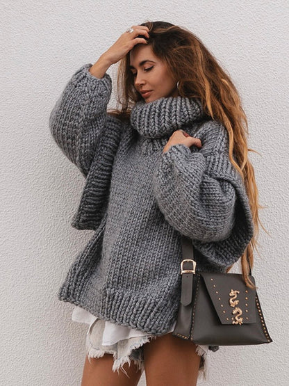 Sweaters- Winter Chunky Cozy Knit Sweater | Turtleneck Jumper- Grey- Pekosa Women Clothing