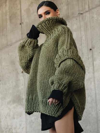 Sweaters- Winter Chunky Cozy Knit Sweater | Turtleneck Jumper- Olive green- Pekosa Women Clothing