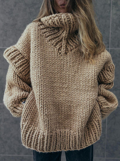 Sweaters- Winter Chunky Cozy Knit Sweater | Turtleneck Jumper- Camel- Pekosa Women Clothing