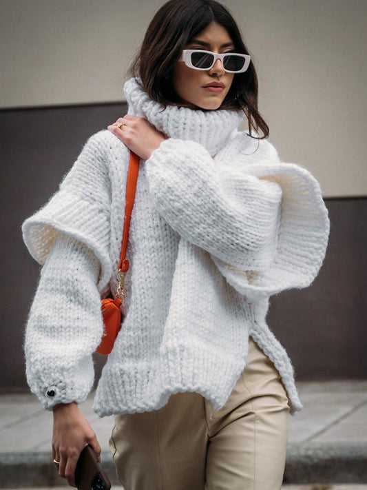 Sweaters- Winter Chunky Cozy Knit Sweater | Turtleneck Jumper- White- Pekosa Women Clothing