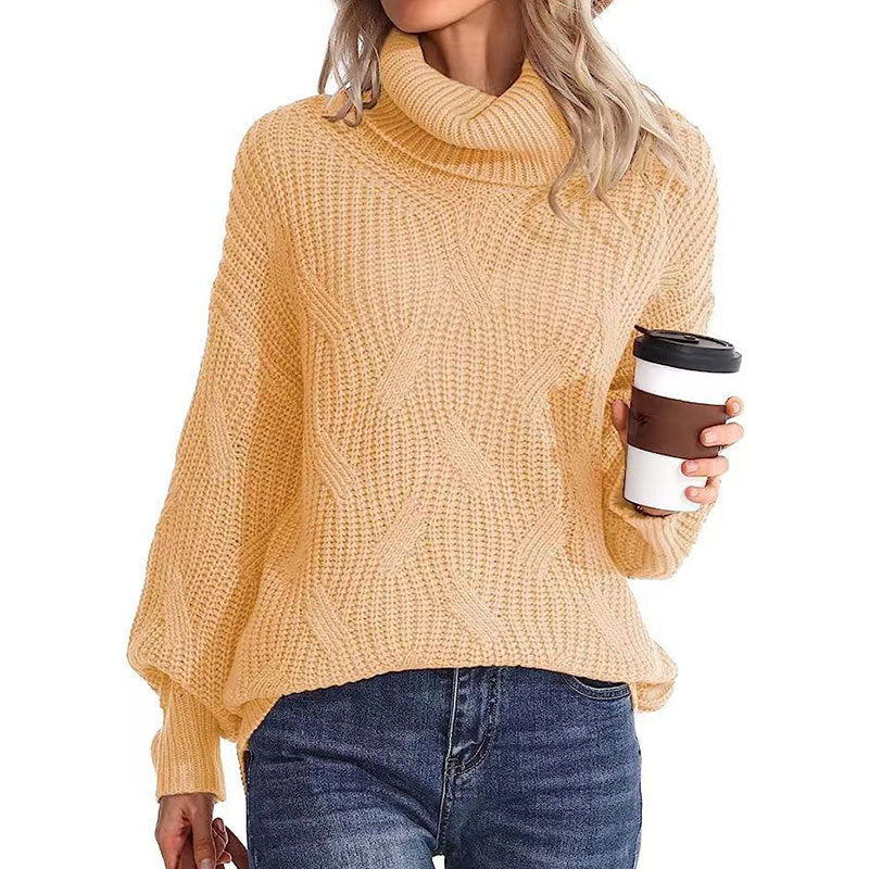 Sweaters- Winter Chunky Knit Cozy Turtleneck Sweater Jumper- Cracker khaki- Pekosa Women Clothing