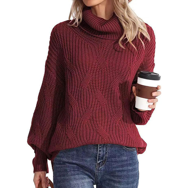 Sweaters- Winter Chunky Knit Cozy Turtleneck Sweater Jumper- Wine Red- Pekosa Women Clothing