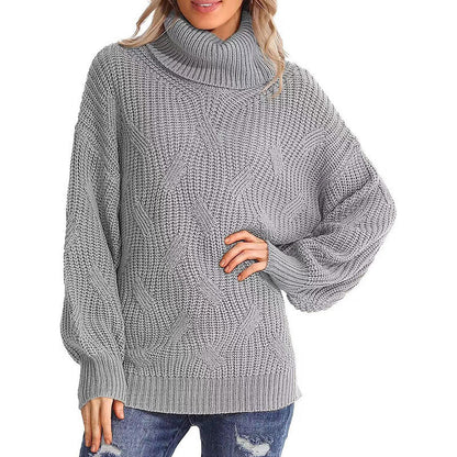 Sweaters- Winter Chunky Knit Cozy Turtleneck Sweater Jumper- Grey- Pekosa Women Clothing