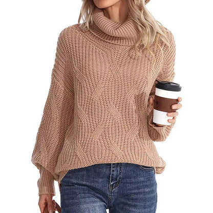 Sweaters- Winter Chunky Knit Cozy Turtleneck Sweater Jumper- Khaki- Pekosa Women Clothing