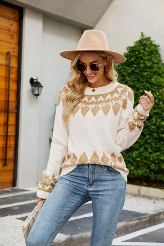 Sweaters- Winter Jumper Geometric Knit Crewneck Sweater- Beige- Pekosa Women Clothing