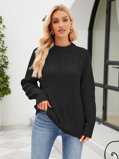 Sweaters- Women’s Cable Crewneck Sweater- Black- Pekosa Women Clothing