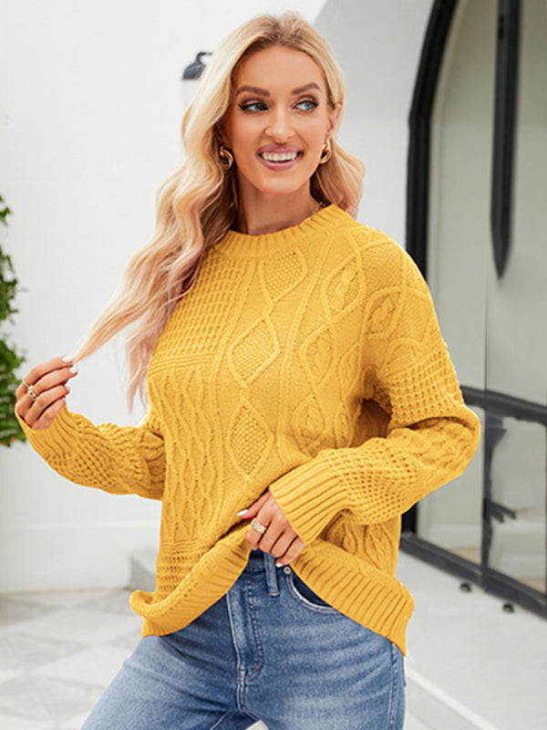 Sweaters- Women’s Cable Crewneck Sweater- Yellow- Pekosa Women Clothing