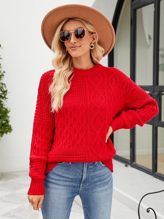 Sweaters- Women’s Cable Crewneck Sweater- Red- Pekosa Women Clothing