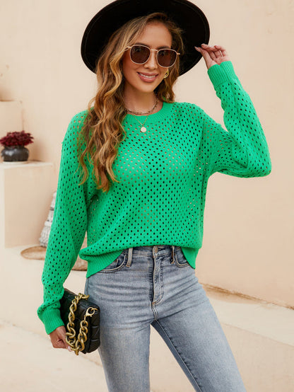 Sweaters- Women's Cotton Eyelet Sweater - Round Neck Knitwear Pullover- Green- Pekosa Women Clothing