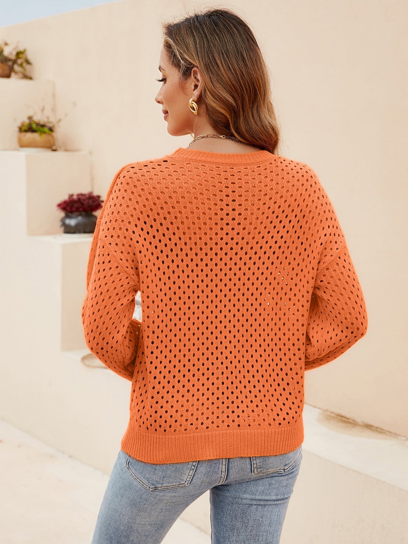 Sweaters- Women's Cotton Eyelet Sweater - Round Neck Knitwear Pullover- - Pekosa Women Clothing