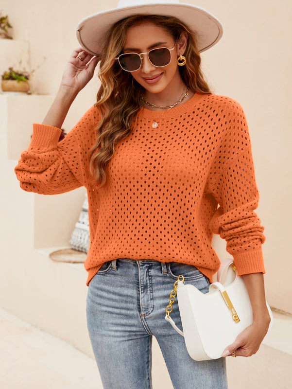 Sweaters- Women's Cotton Eyelet Sweater - Round Neck Knitwear Pullover- Orange- Pekosa Women Clothing